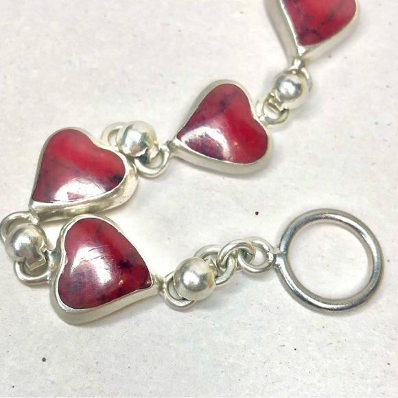 MEXICAN Sterling Silver Red Jasper Heart Toggle Bracelet - Picture 4 of 12